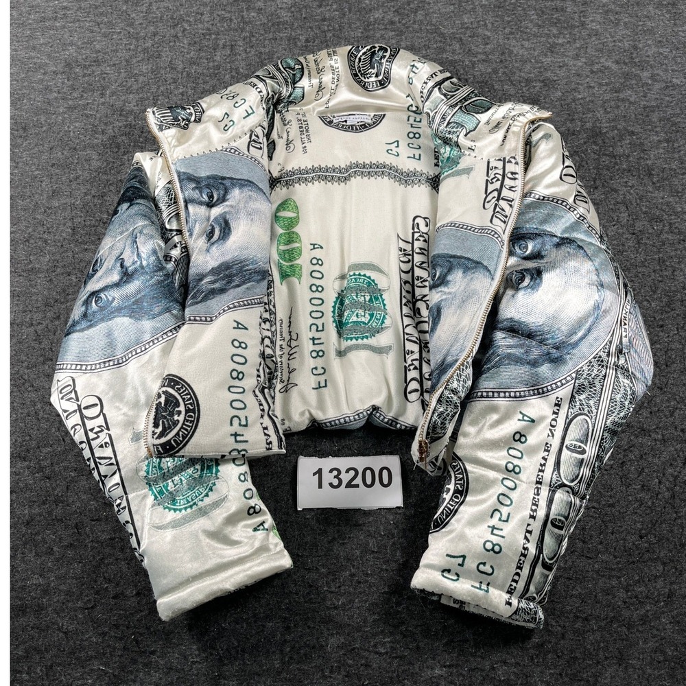 N°1 Los Angeles Puffer Jacket Womens Medium White Money Print Graphic Full Zip